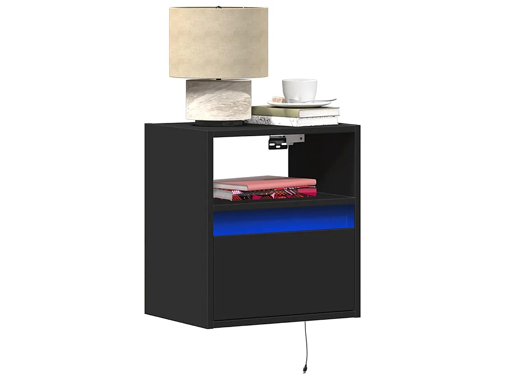 Tables de chevet murales avec lumières LED 2 pcs noir