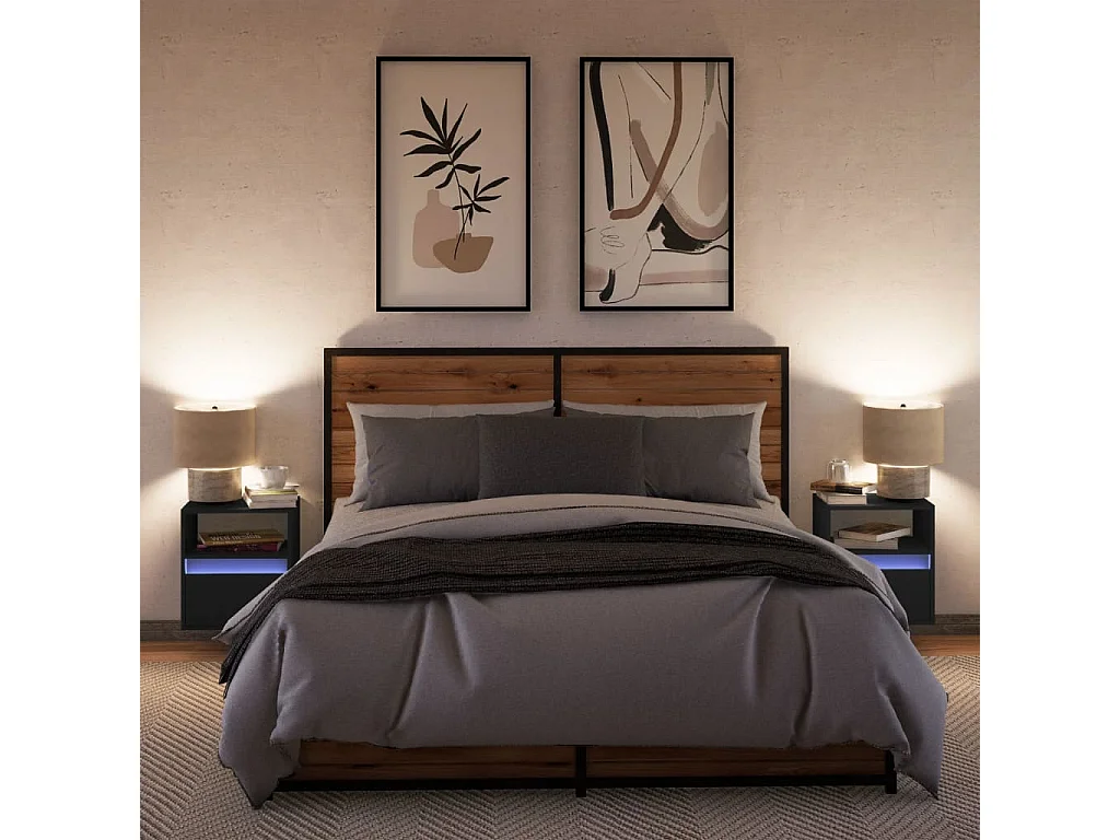 Tables de chevet murales avec lumières LED 2 pcs noir