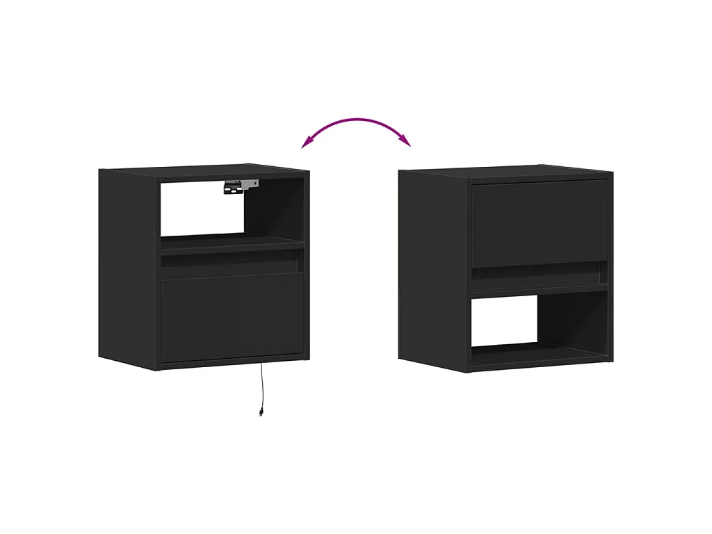 Tables de chevet murales avec lumières LED 2 pcs noir