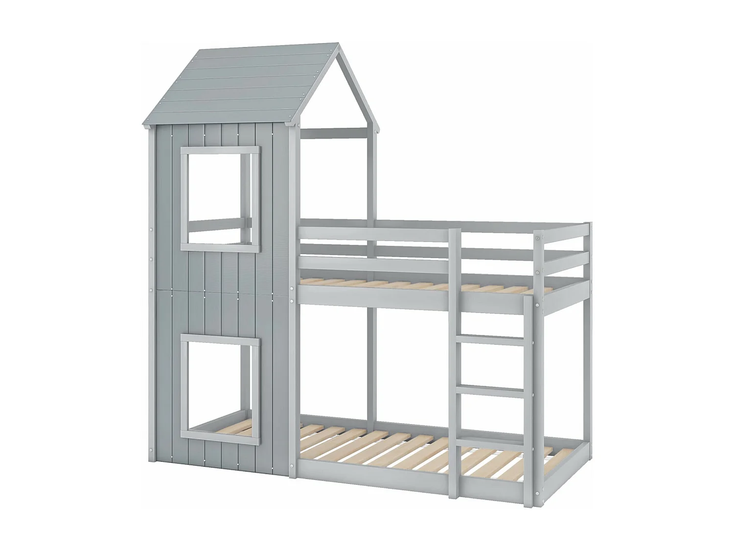Lits superposés cabane 90x200cm, Pin, avec balustrade de sécurité, charge max 120kg, Gris