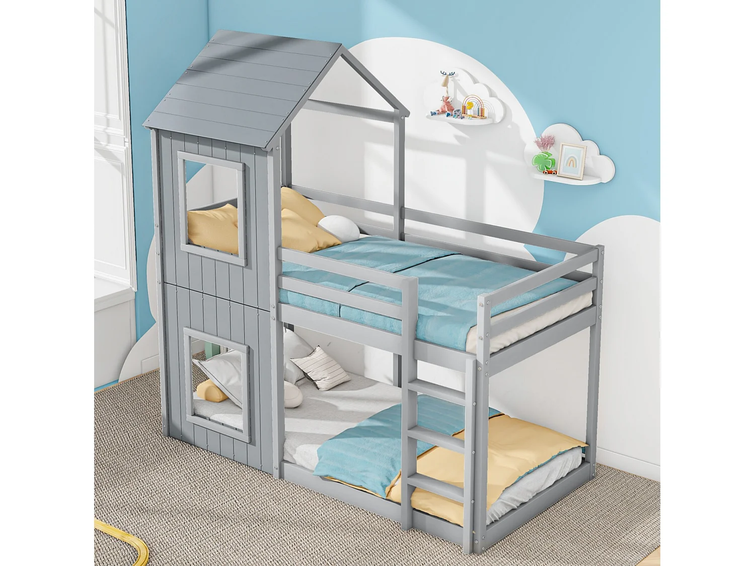 Lits superposés cabane 90x200cm, Pin, avec balustrade de sécurité, charge max 120kg, Gris