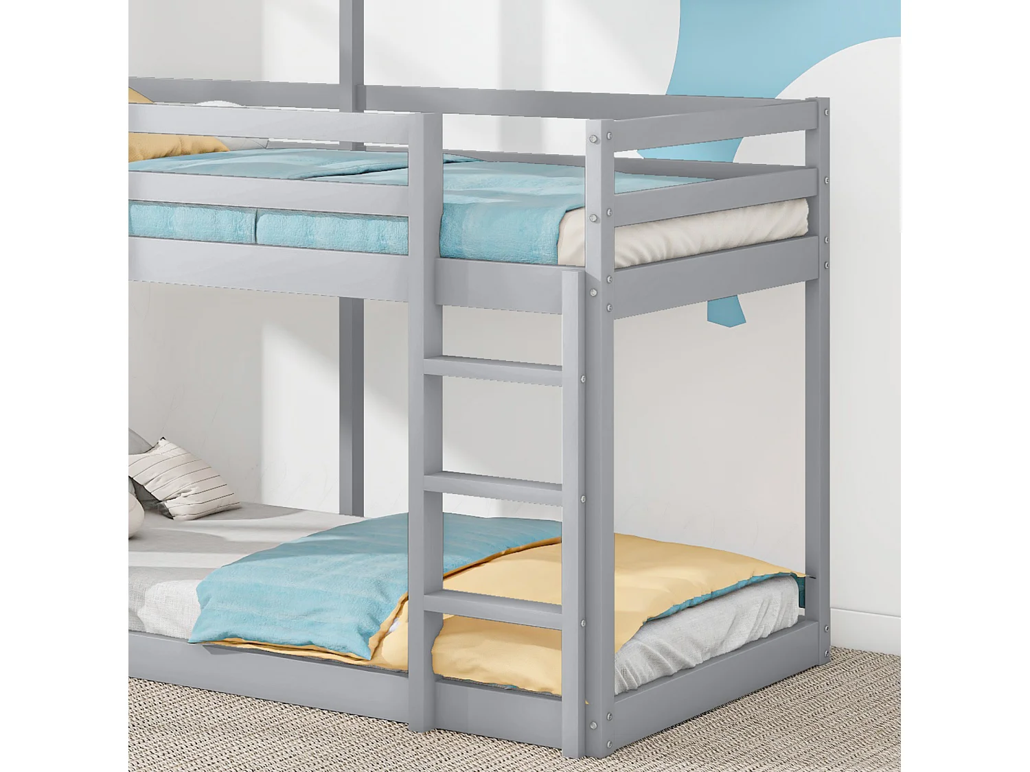 Lits superposés cabane 90x200cm, Pin, avec balustrade de sécurité, charge max 120kg, Gris