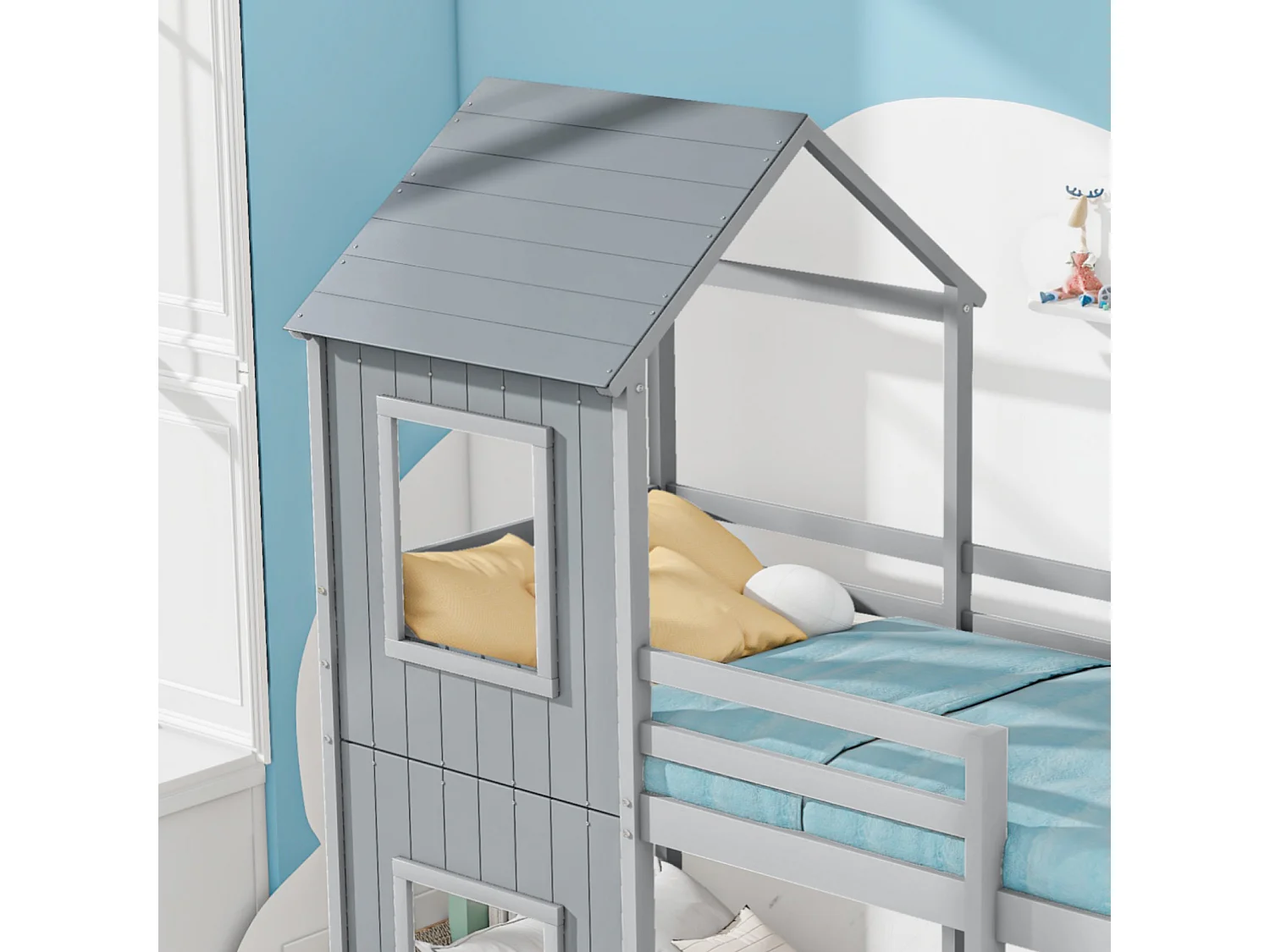 Lits superposés cabane 90x200cm, Pin, avec balustrade de sécurité, charge max 120kg, Gris