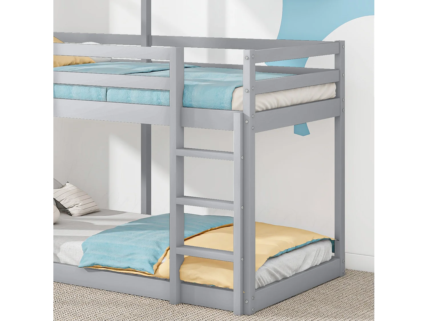 Stapelbedden cabane 90x200cm, pin, met veiligheid balustrade, max 120 kg lading, grijs