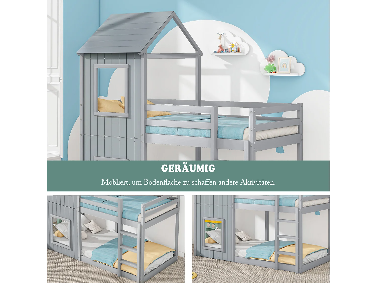 Stapelbedden cabane 90x200cm, pin, met veiligheid balustrade, max 120 kg lading, grijs