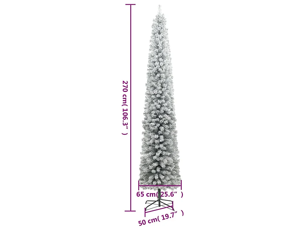 Árbol Navidad estrecho con soporte y nieve artificial PVC 270cm