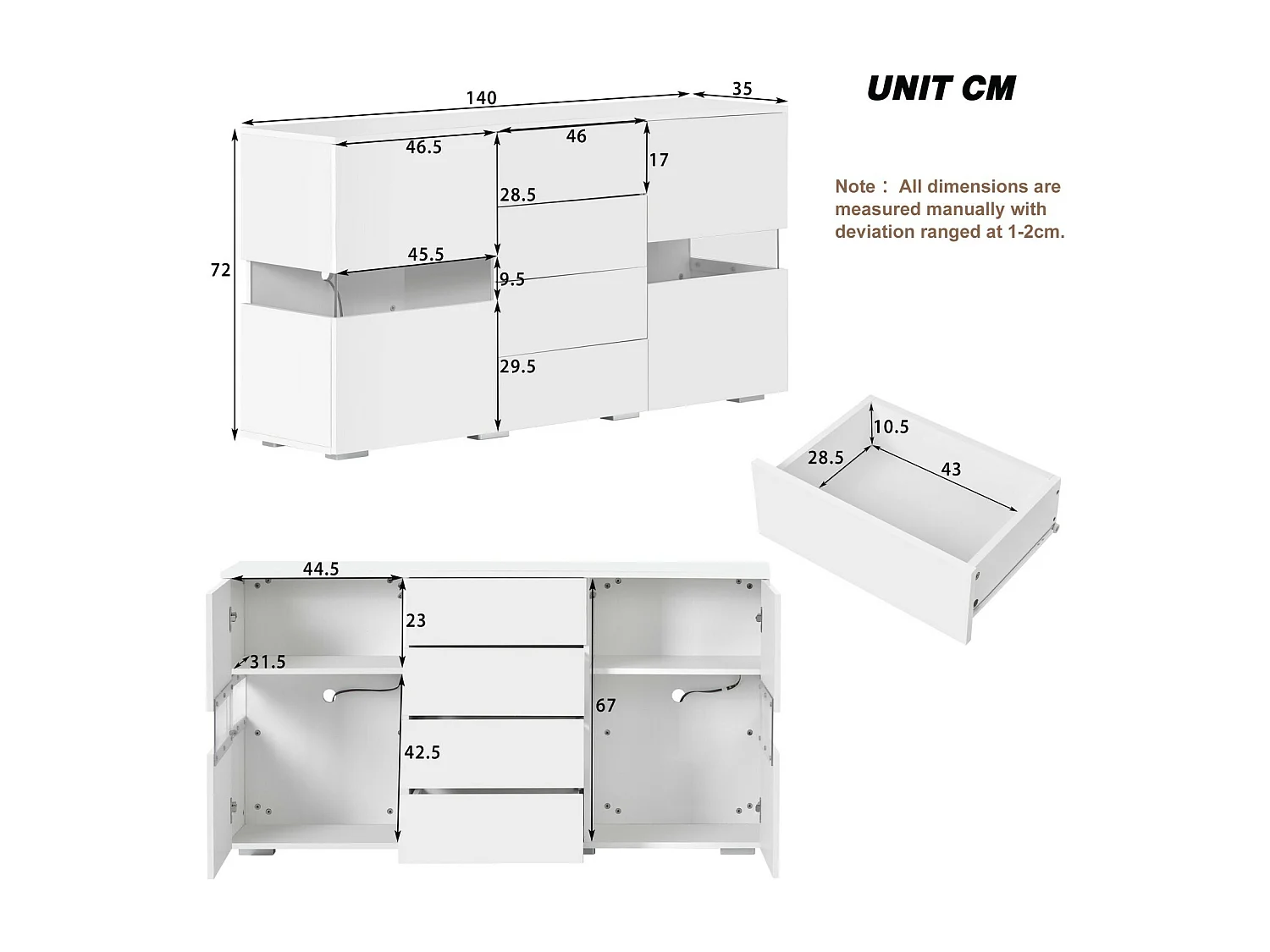 TV Bench 4 laden en 4 deuren, met RGB LED en afstandsbediening, tv -meubels aangedreven door USB, White, 140x35x72cm