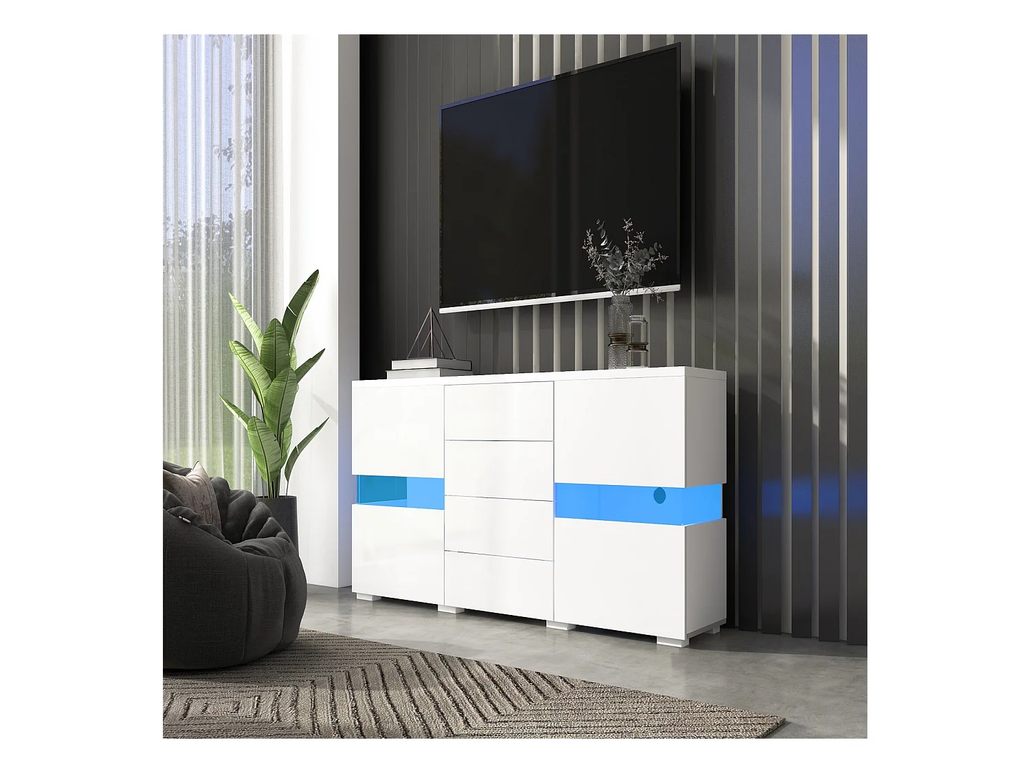 Banc TV 4 tiroirs et 4 portes, avec LED RGB et télécommande, meuble TV alimenté par USB, Blanc, 140x35x72cm