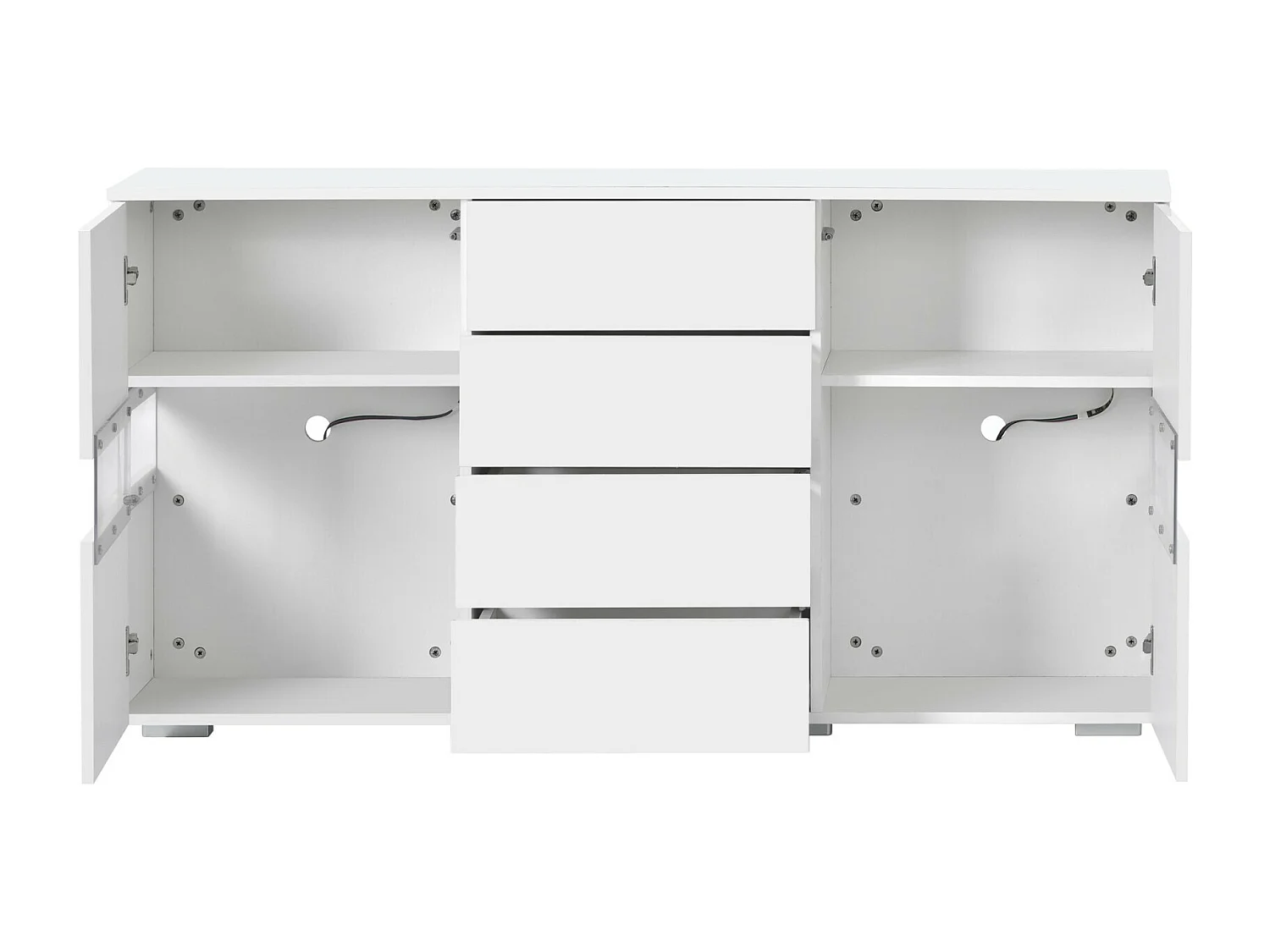 Banc TV 4 tiroirs et 4 portes, avec LED RGB et télécommande, meuble TV alimenté par USB, Blanc, 140x35x72cm