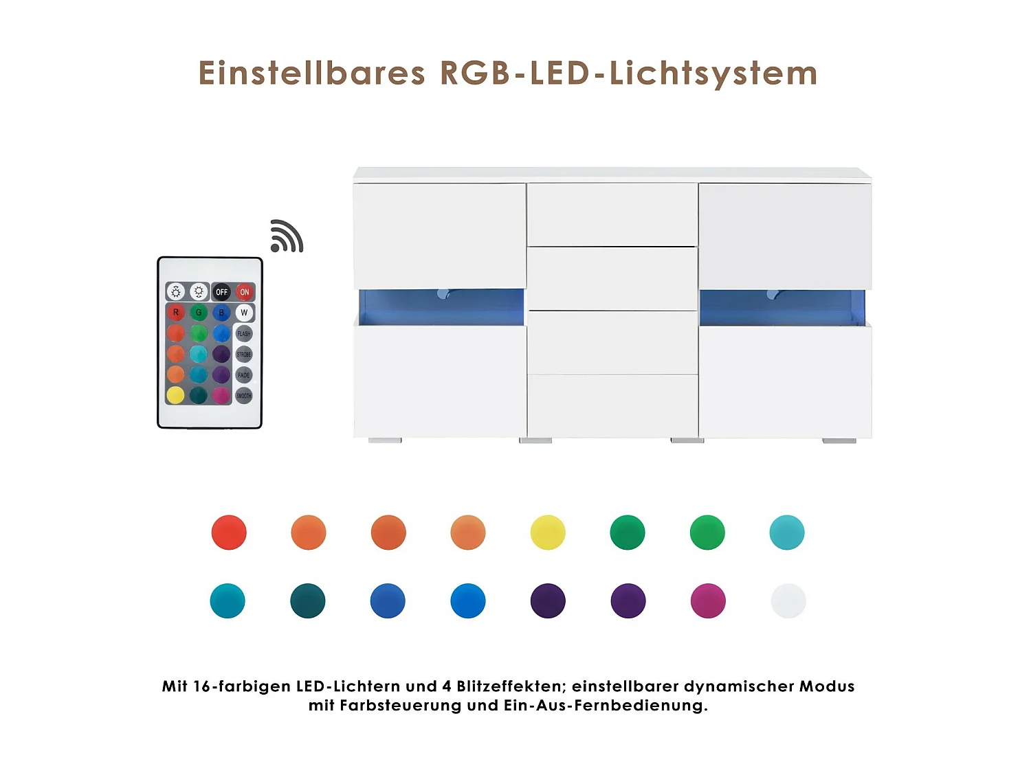 Banc TV 4 tiroirs et 4 portes, avec LED RGB et télécommande, meuble TV alimenté par USB, Blanc, 140x35x72cm