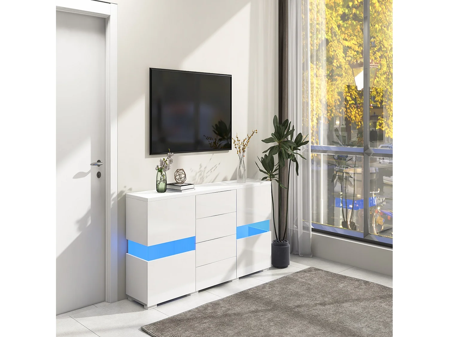 Banc TV 4 tiroirs et 4 portes, avec LED RGB et télécommande, meuble TV alimenté par USB, Blanc, 140x35x72cm