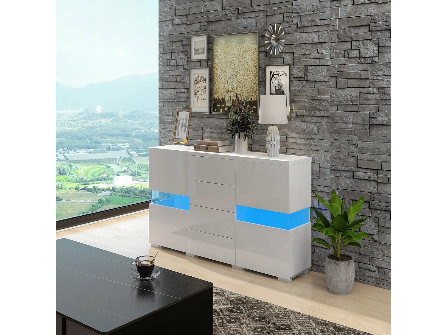 Banc TV 4 tiroirs et 4 portes, avec LED RGB et télécommande, meuble TV alimenté par USB, Blanc, 140x35x72cm