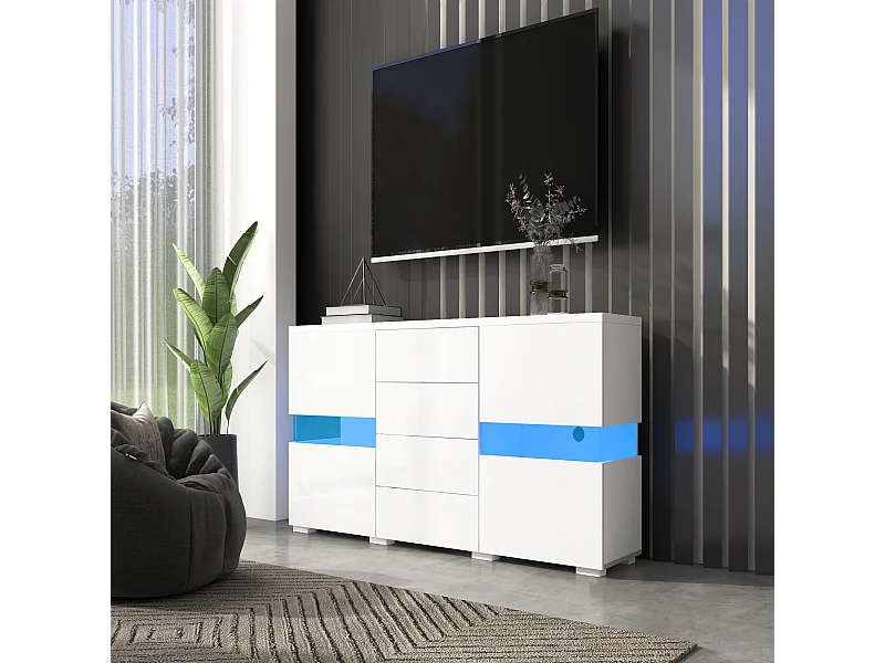 Banc TV 4 tiroirs et 4 portes, avec LED RGB et télécommande, meuble TV alimenté par USB, Blanc, 140x35x72cm