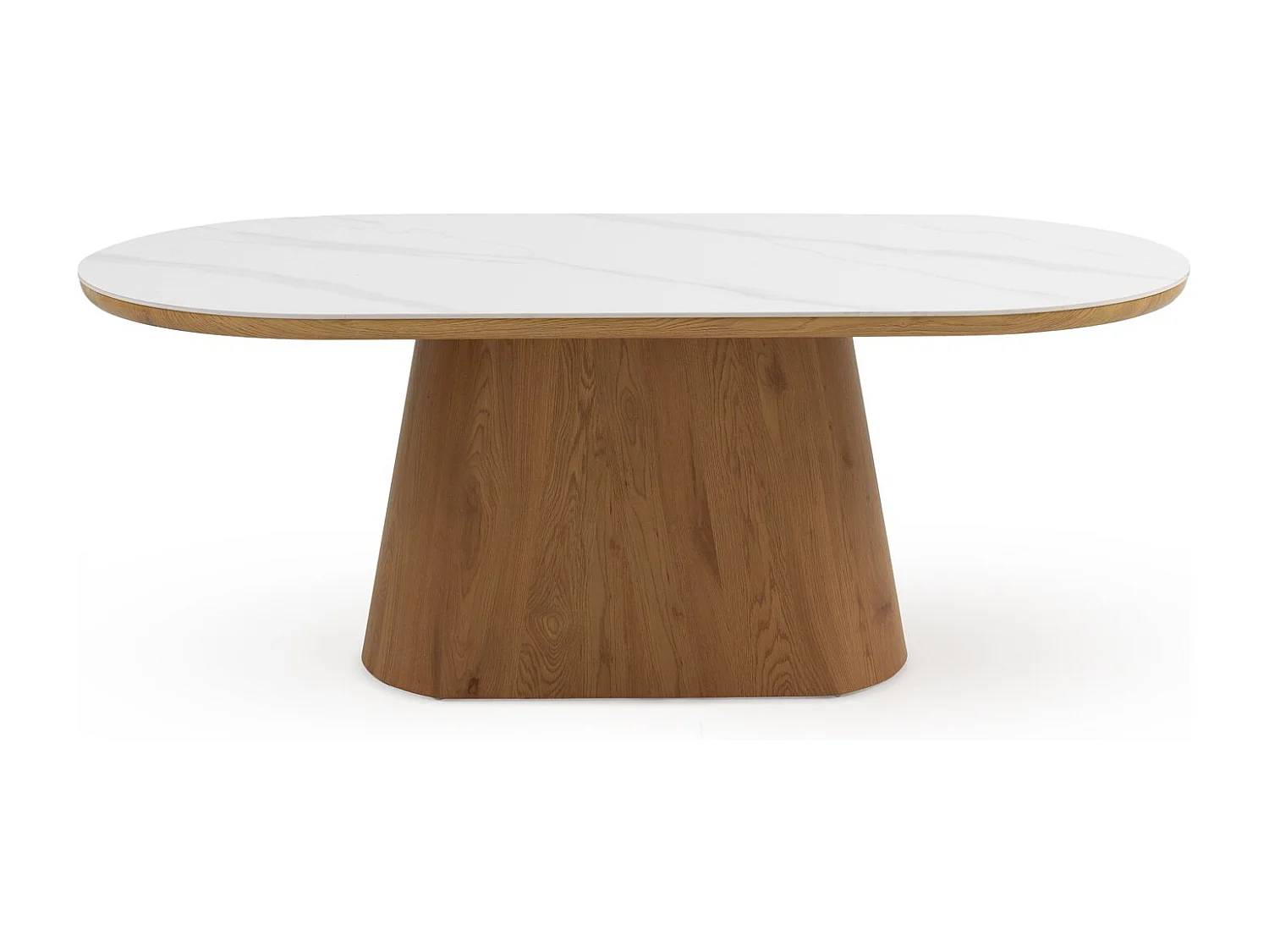 Tavolo da pranzo ovale impiallacciato in rovere con piano in ceramica bianca calacatta