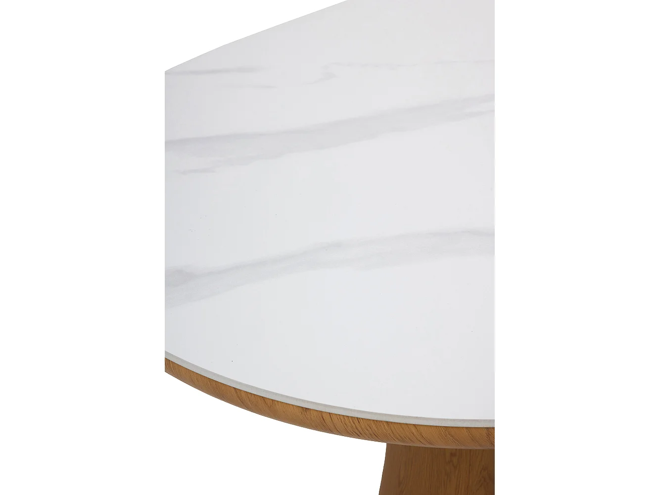 Tavolo da pranzo ovale impiallacciato in rovere con piano in ceramica bianca calacatta