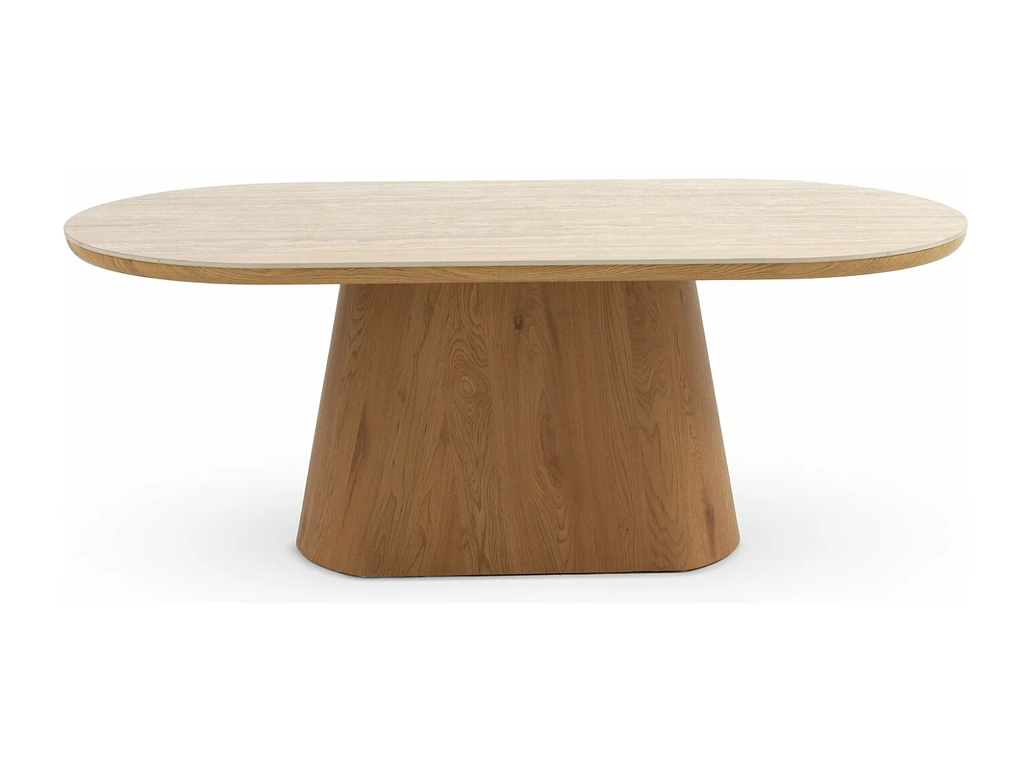 Mesa comedor oval chapada en roble con sobre cerámico mármol travertino