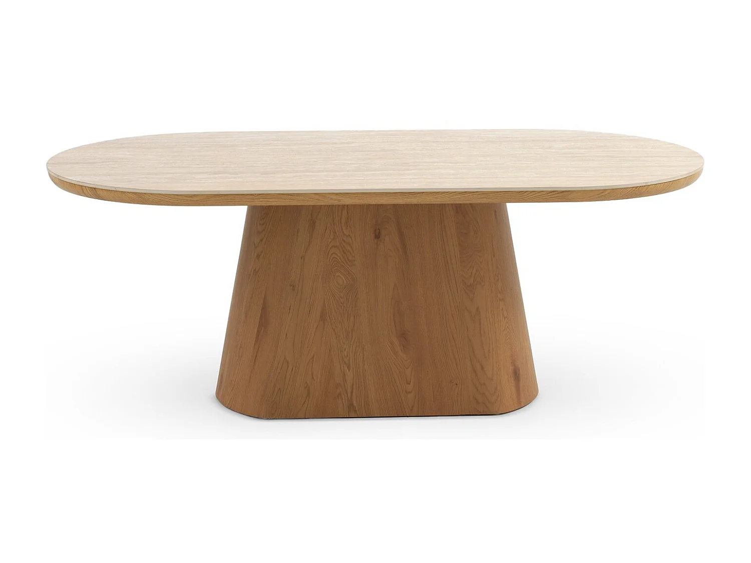 Tavolo da pranzo ovale impiallacciato in rovere con piano in ceramica di marmo travertino