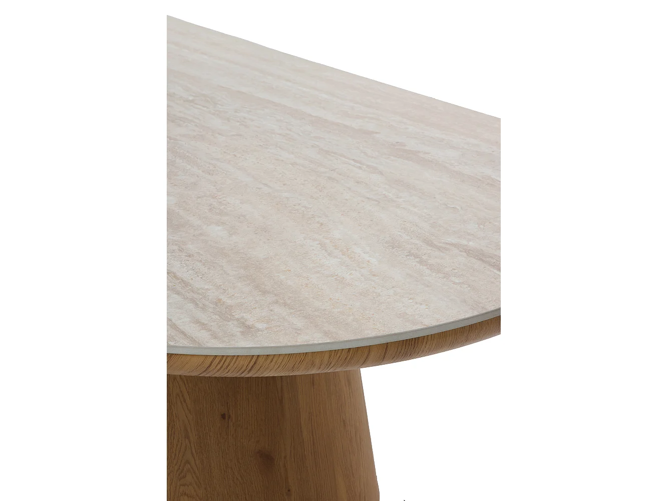 Tavolo da pranzo ovale impiallacciato in rovere con piano in ceramica di marmo travertino