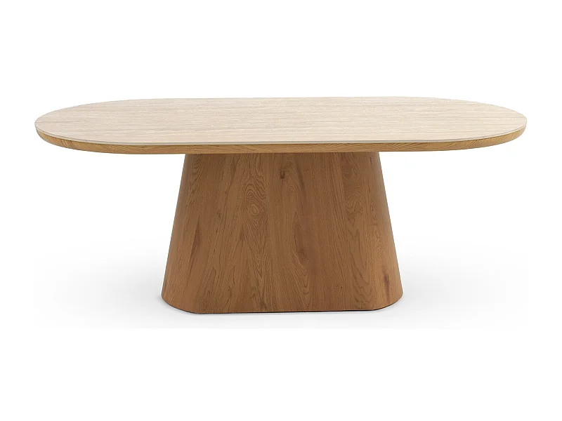 Mesa de jantar oval folheada a carvalho com tampo em cerâmica de mármore travertino