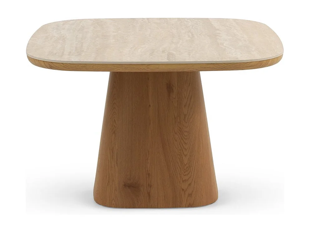 Mesa comedor chapada en madera de roble con sobre cerámico travertino