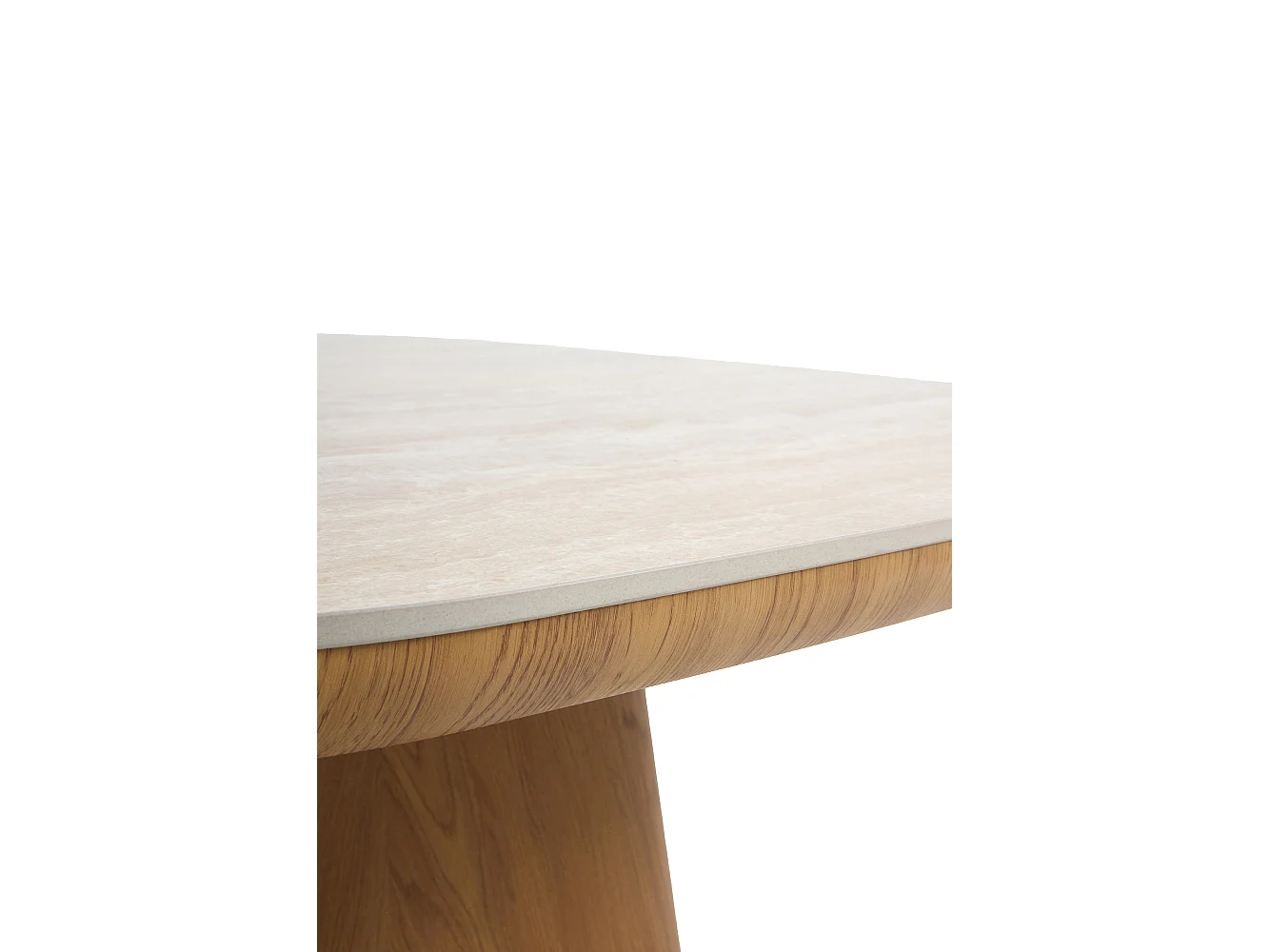 Mesa comedor chapada en madera de roble con sobre cerámico travertino