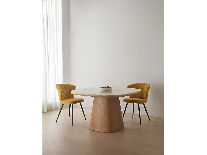 Table de salle à manger en chêne plaqué avec plateau en céramique travertin