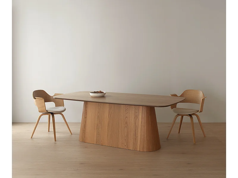 Table de salle à manger en contreplaqué de chêne avec pied central cylindrique