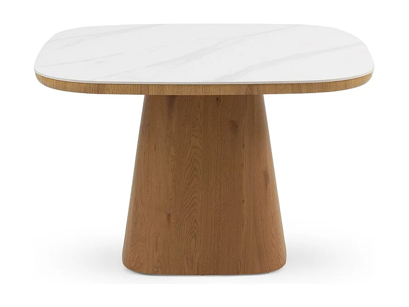 Mesa comedor chapada en madera de roble con sobre cerámico blanco calacatta