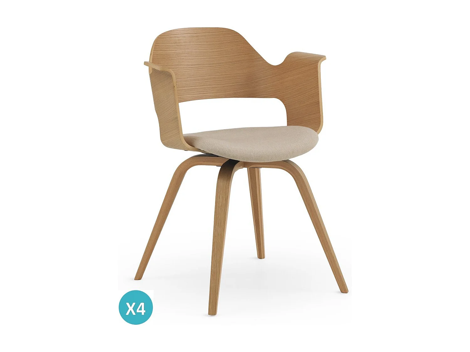 Lot de 4 fauteuils en contreplaqué de chêne avec assise rembourrée