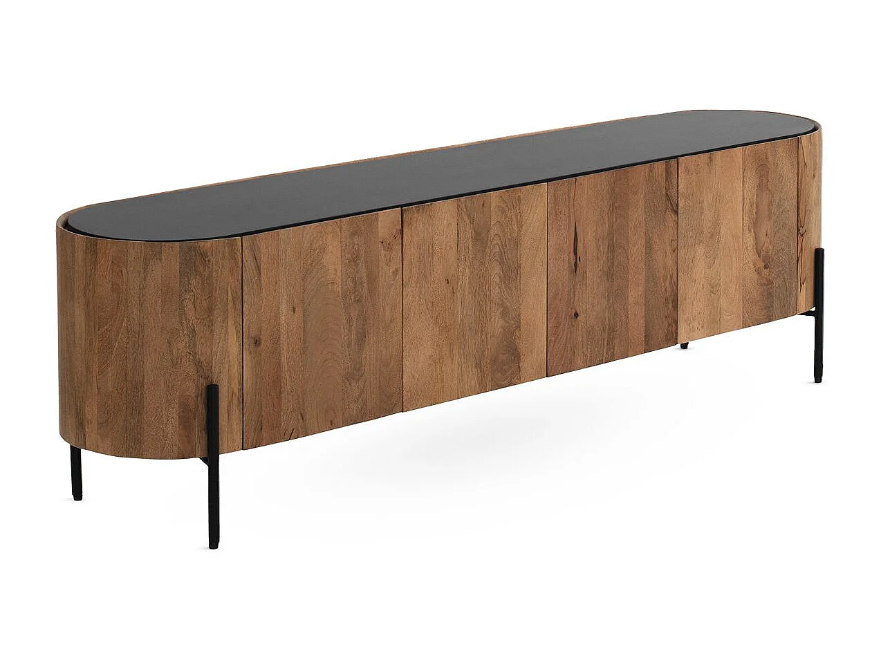 Mesa de TV com forma elíptica 4 portas em madeira de manga maciça