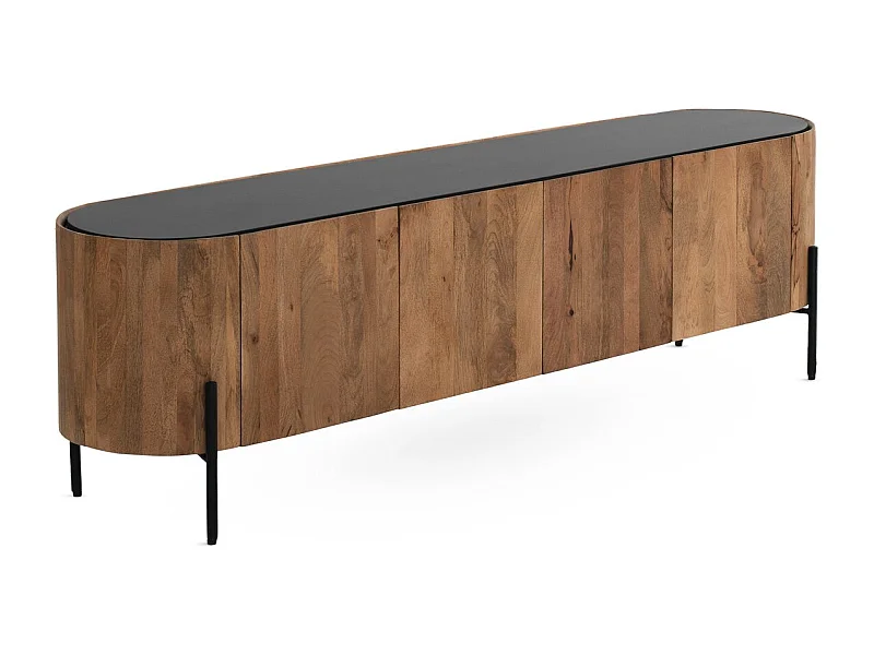 Mesa de TV com forma elíptica 4 portas em madeira de manga maciça