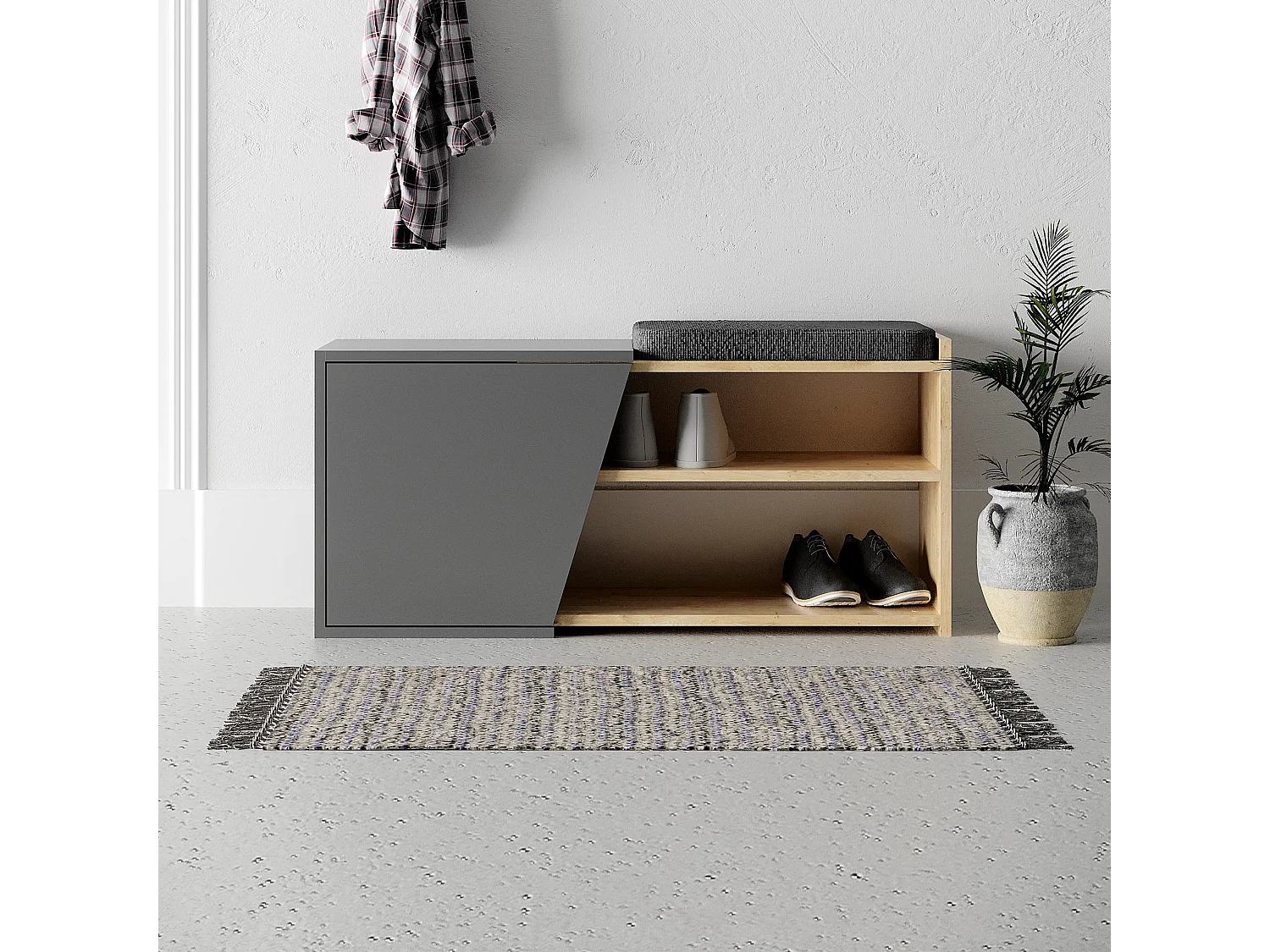 Panca Scarpiera Ingresso Casa 2 Ripiani Porta Scarpe con Anta e Cuscino Grigio