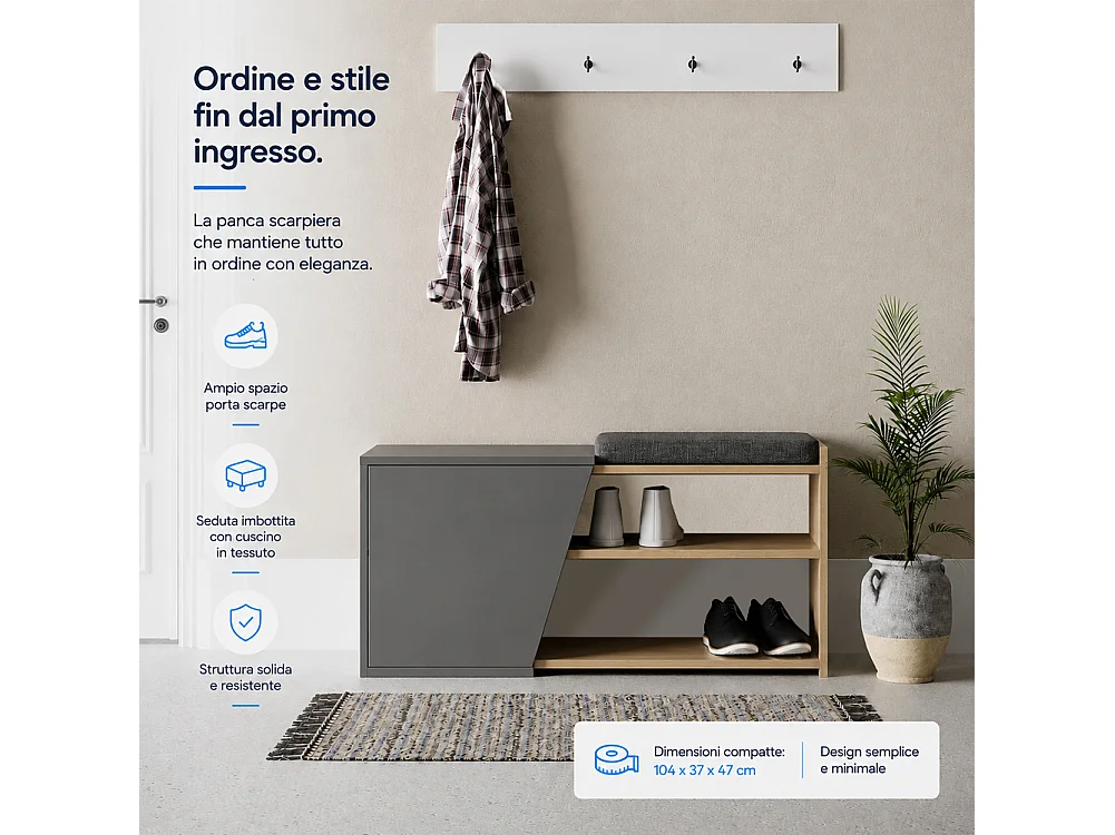 Panca Scarpiera Ingresso Casa 2 Ripiani Porta Scarpe con Anta e Cuscino Grigio