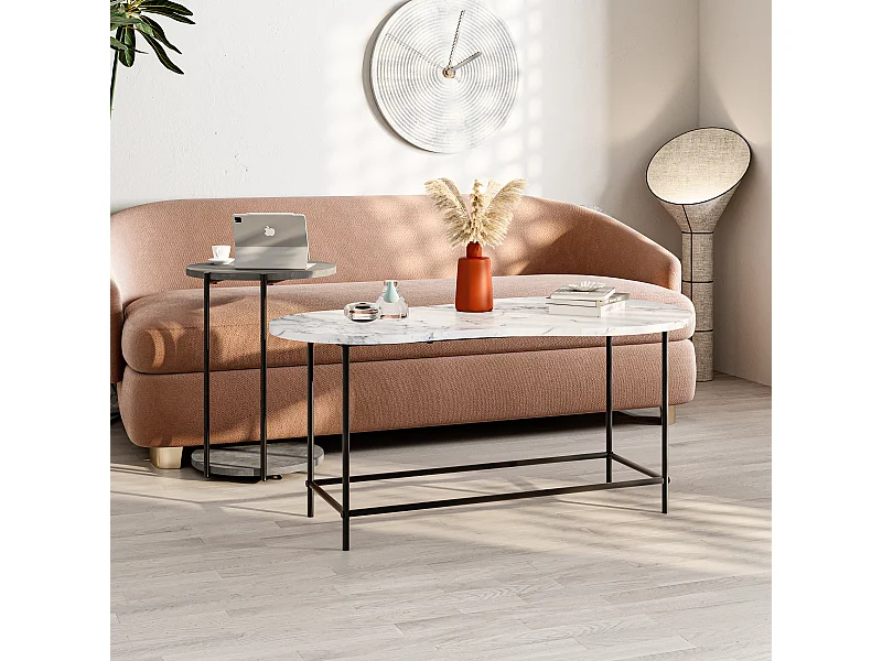 Decortie Effet Marbre Blanc, Gris Rétro 65x102.5x53.8cm Tables gigognes 2 pièces Panneau de particules, Métal Table basse Cuddle