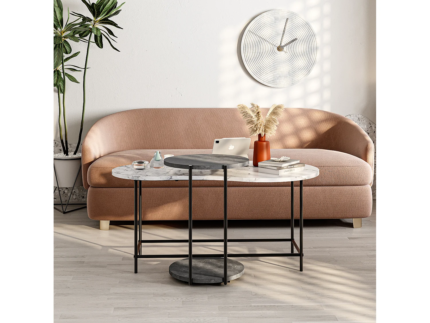 Decortie Wit Marmer Effect, Retro Grijs 65x102.5x53.8cm Nesttafels met 2 Stuks Spaanplaat, Metaal Salontafel Cuddle