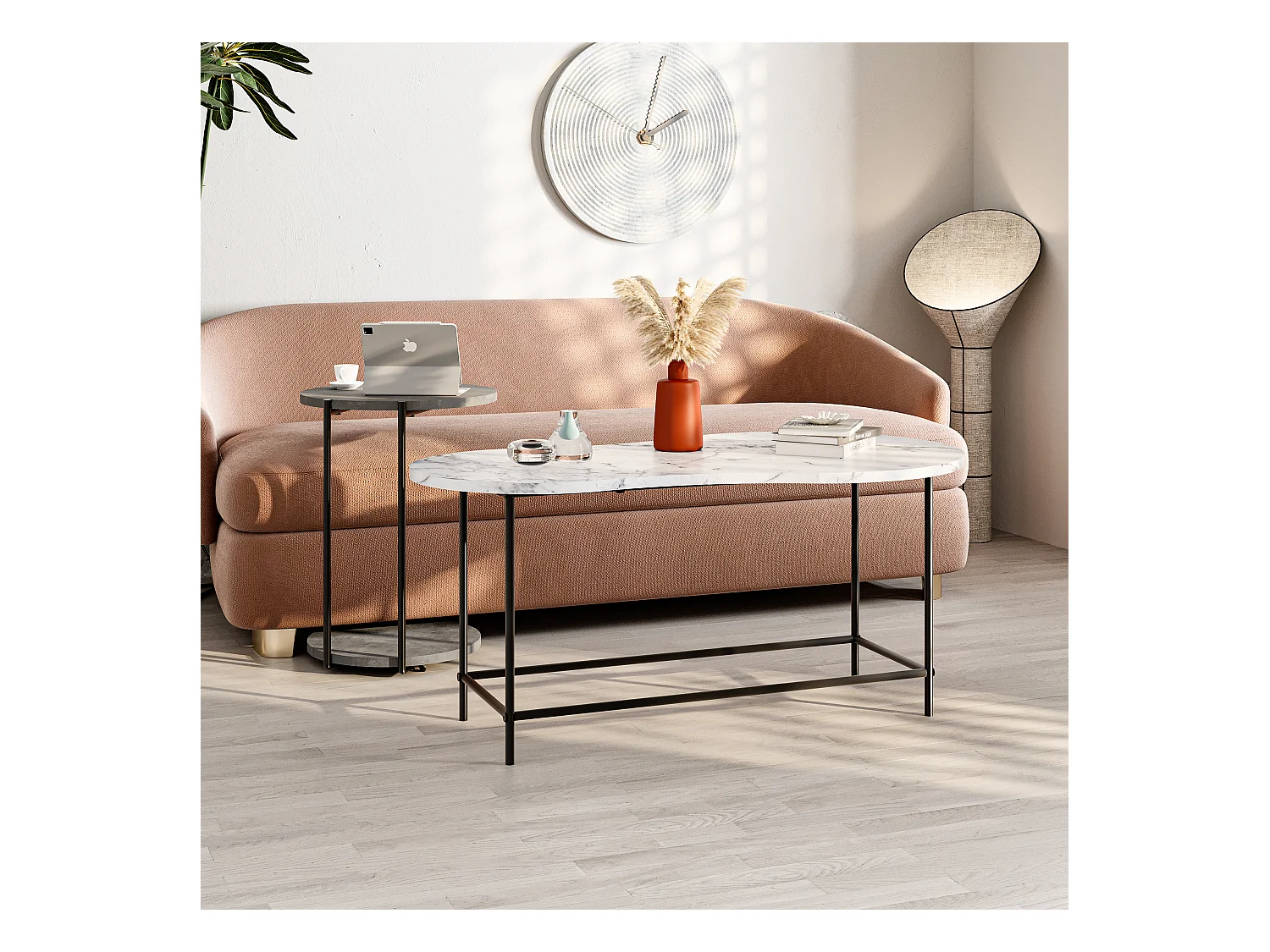 Decortie Effet Marbre Blanc, Gris Rétro 65x102.5x53.8cm Tables gigognes 2 pièces Panneau de particules, Métal Table basse Cuddle