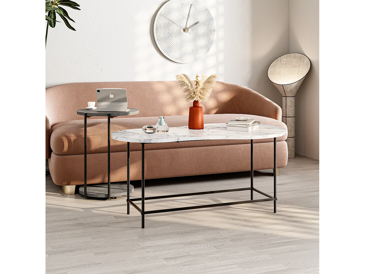 Decortie Effet Marbre Blanc, Gris Rétro 65x102.5x53.8cm Tables gigognes 2 pièces Panneau de particules, Métal Table basse Cuddle