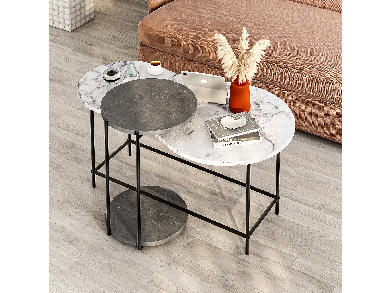 Decortie Wit Marmer Effect, Retro Grijs 65x102.5x53.8cm Nesttafels met 2 Stuks Spaanplaat, Metaal Salontafel Cuddle