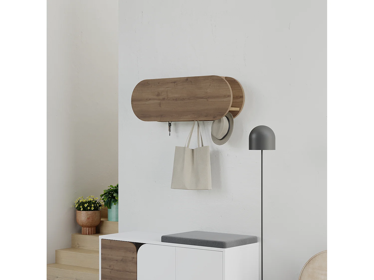 Decortie Effet Chêne Foncé 15.5x84x28.5cm Patère murale avec 6 crochets, Panneau de particules, Métal Rangement Kroma