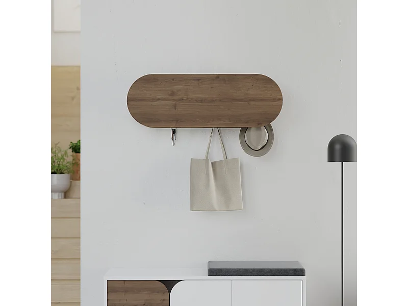 Decortie Effet Chêne Foncé 15.5x84x28.5cm Patère murale avec 6 crochets, Panneau de particules, Métal Rangement Kroma