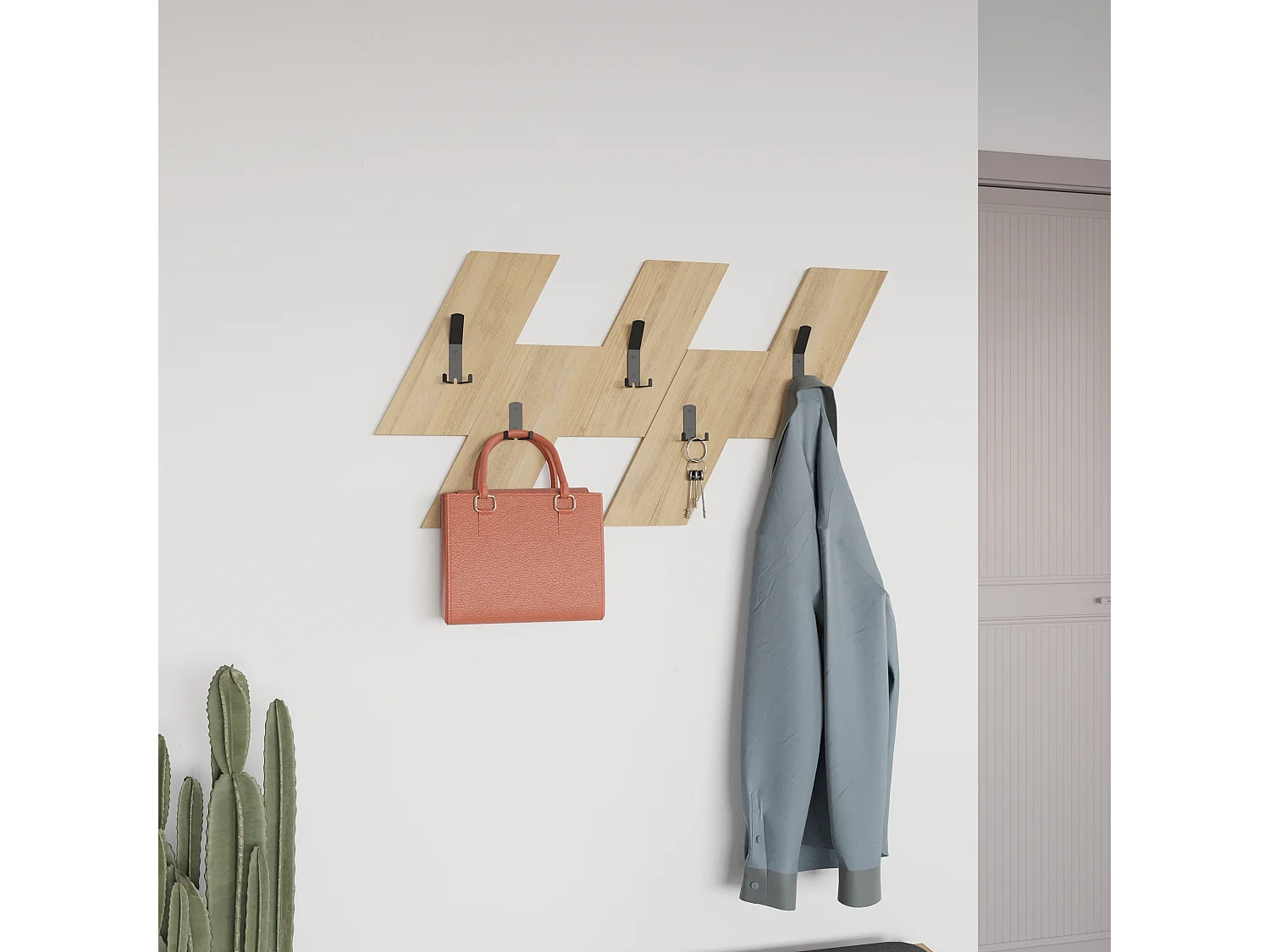 Decortie Chêne 1.8x75.2x45.3cm Porte-manteau mural avec 5 crochets, Panneau de particules, Métal Rangement d'étagère Livy