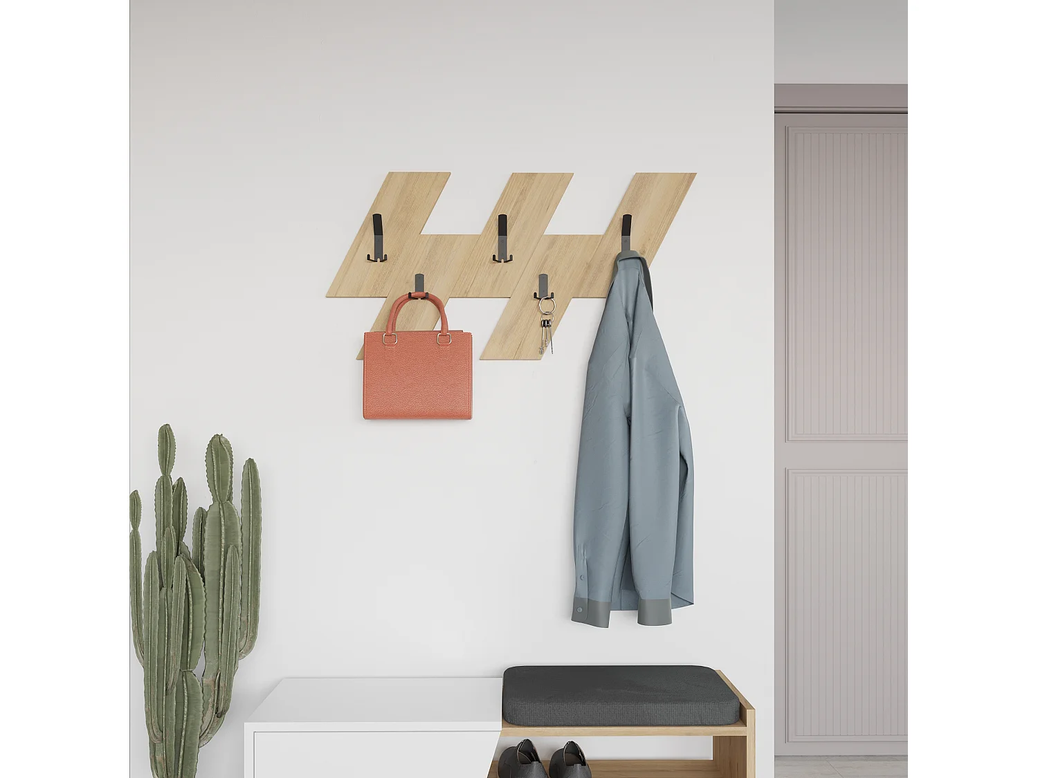 Decortie Chêne 1.8x75.2x45.3cm Porte-manteau mural avec 5 crochets, Panneau de particules, Métal Rangement d'étagère Livy