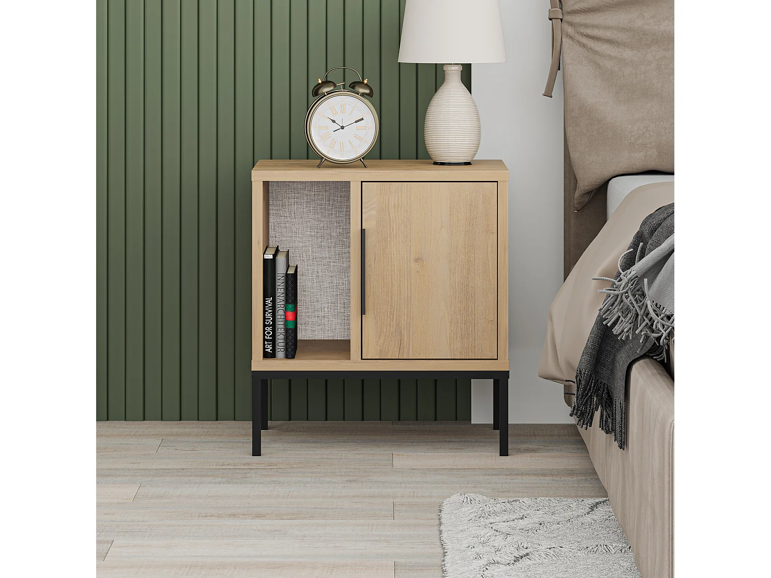 Decortie Chêne 35x45x50cm Table de nuit avec pied en U, panneau de particules, métal Table de chevet rectangulaire Glynn
