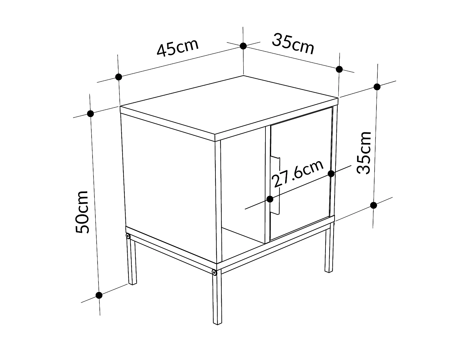 Decortie Chêne 35x45x50cm Table de nuit avec pied en U, panneau de particules, métal Table de chevet rectangulaire Glynn