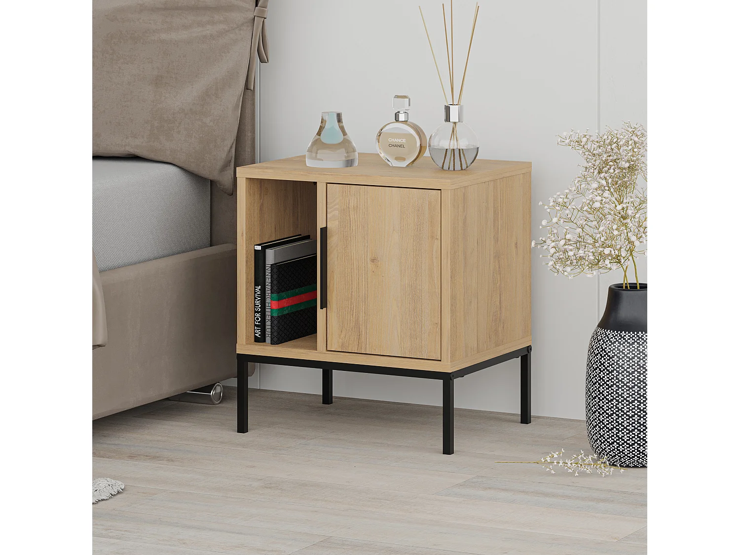 Decortie Chêne 35x45x50cm Table de nuit avec pied en U, panneau de particules, métal Table de chevet rectangulaire Glynn