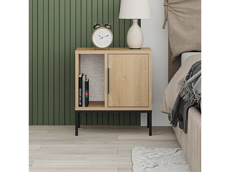 Decortie Chêne 35x45x50cm Table de nuit avec pied en U, panneau de particules, métal Table de chevet rectangulaire Glynn