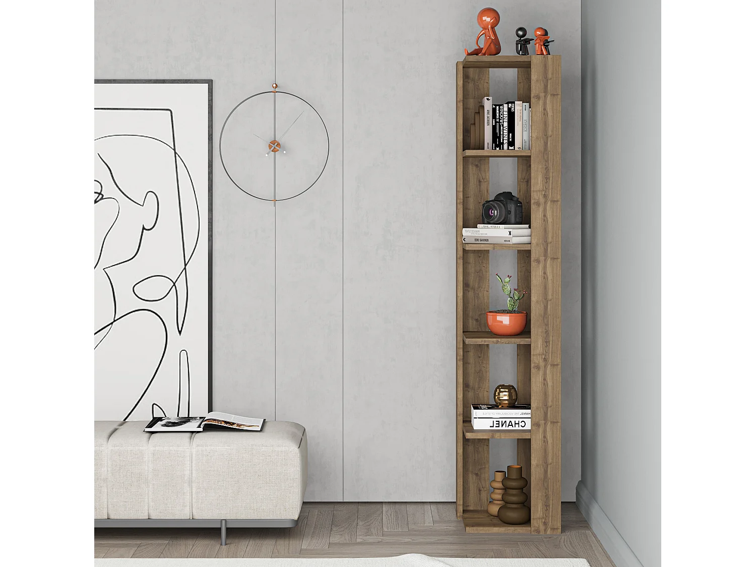 Decortie Effet Chêne Foncé 34x34x161cm Bibliothèque d'angle avec 5 niveaux Panneau de particules Unité d'affichage Nati