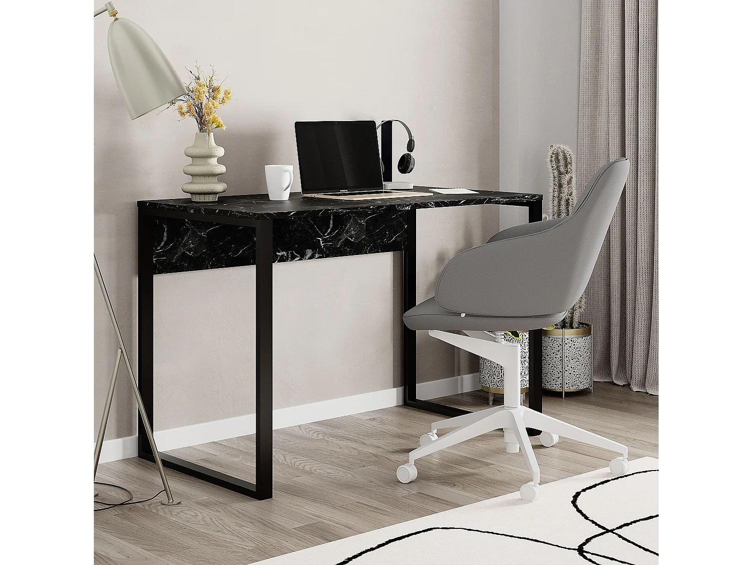 Decortie Effet Marbre Noir Mat (Pied en Métal Noir) 60x110x75cm Bureau Aggloméré, Table de bureau rectangulaire Inna