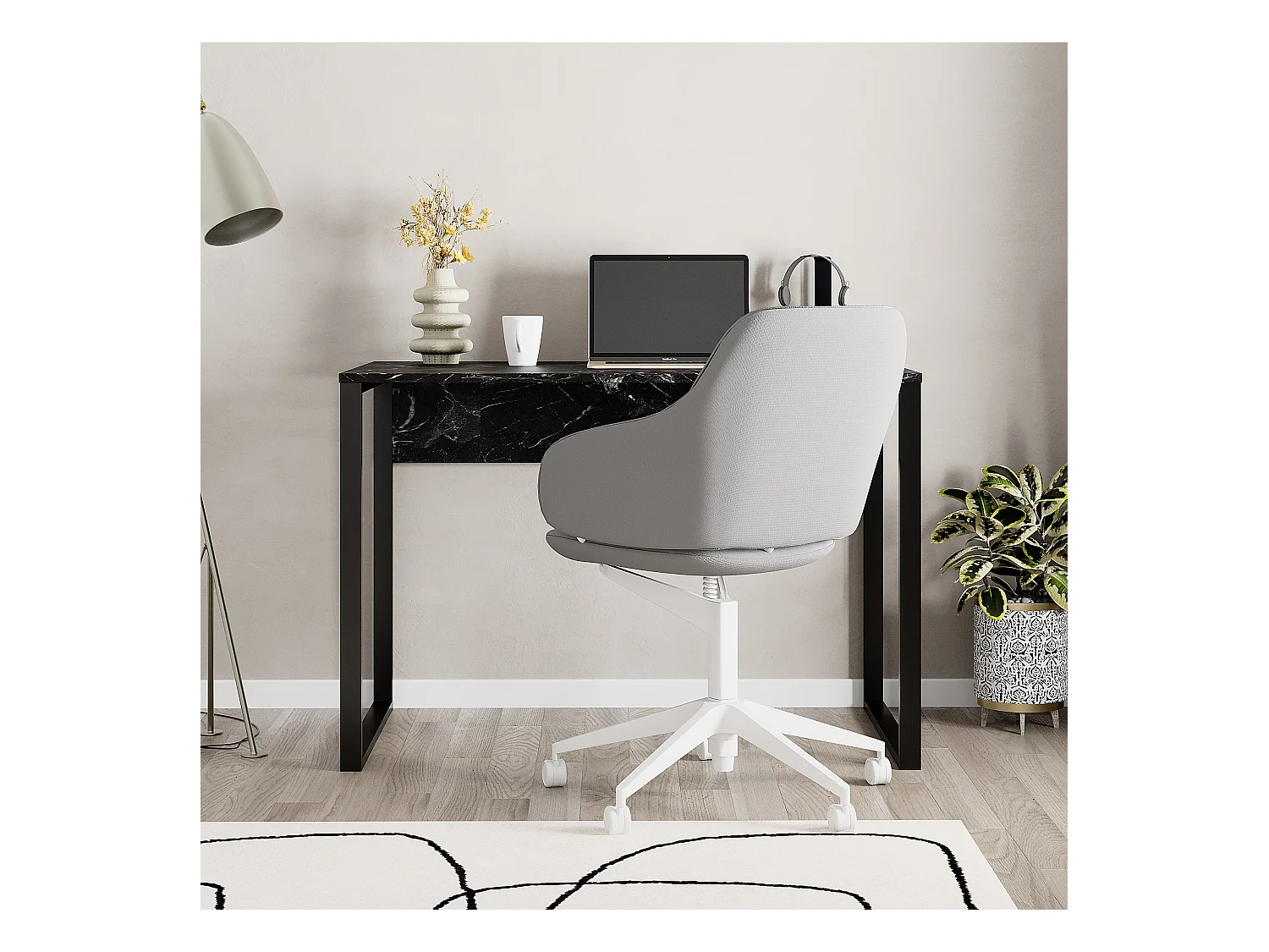 Decortie Effet Marbre Noir Mat (Pied en Métal Noir) 60x110x75cm Bureau Aggloméré, Table de bureau rectangulaire Inna