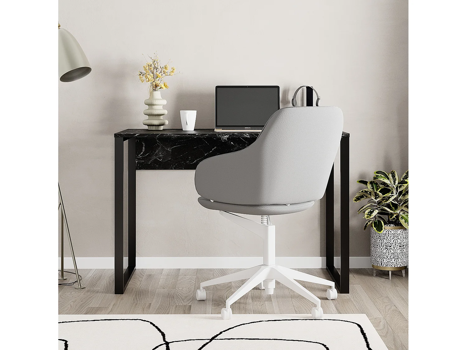 Decortie Effet Marbre Noir Mat (Pied en Métal Noir) 60x110x75cm Bureau Aggloméré, Table de bureau rectangulaire Inna